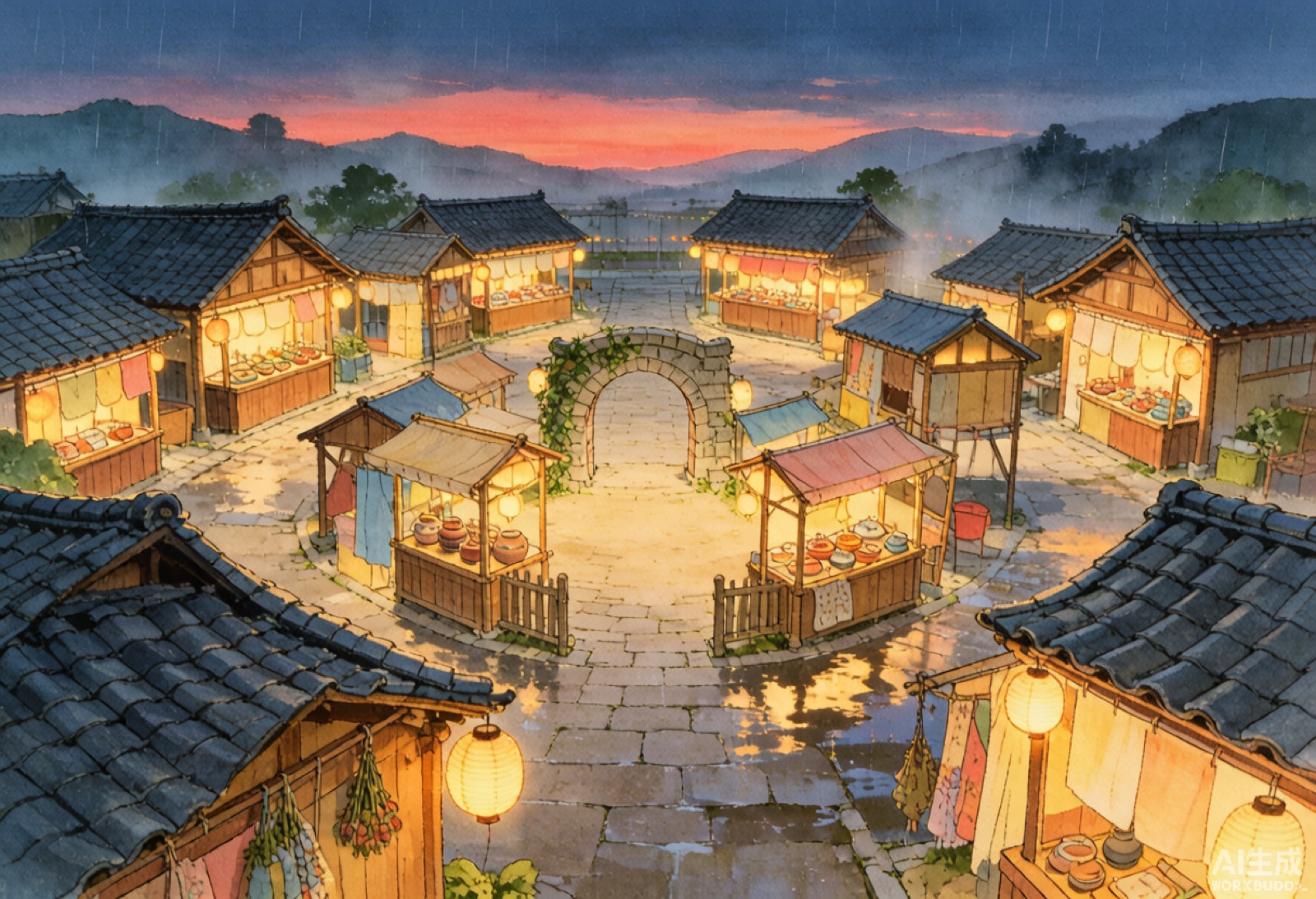 市集俯视图·黄昏雨后